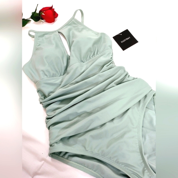 Ellen Tracy Keyhole Ruched One Piece Size 8 Swimsuit Green - Picture 4 of 7